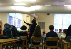 POET CJ SUITT, from Sacrificial Poets, addresses students in the media center. Meredith Norman/The Omniscient