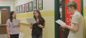 Meredith Avison, Jordan Pollard, and Ethan Taylor rehearse a scene as a part of Acting Ensemble. Sara Heilman/The Omniscient