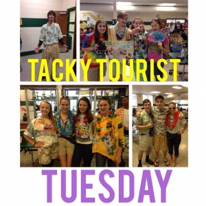 Today was Tacky Tourist Tuesday! Dress up tomorrow for 60 years later Wednesday! #spiritweek #homecoming #tacky